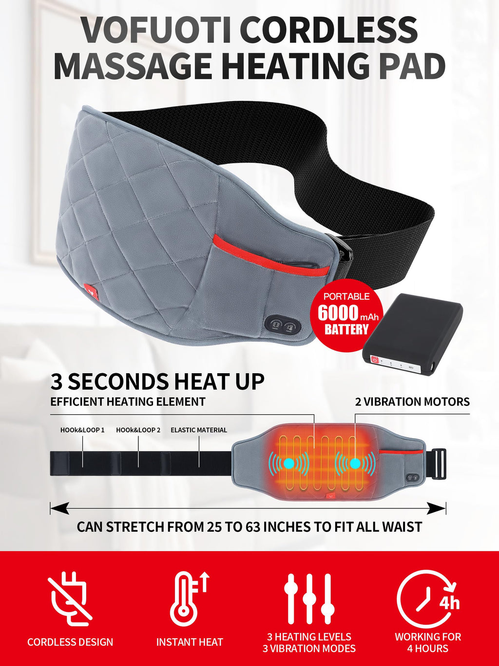 Vofuoti Portable Heating Pad, Cordless Heating Pad with Battery and Massager, 3 Vibration Modes and 3 Heating Settings, Heated P