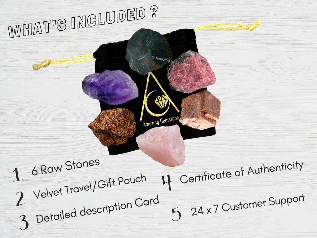Crystals for Pleasant Period Menstrual Cycle Menses, Set of 6 Blood Stone, Rose Quartz, Peach Moonstone, Mariyam Jasper and Rhod