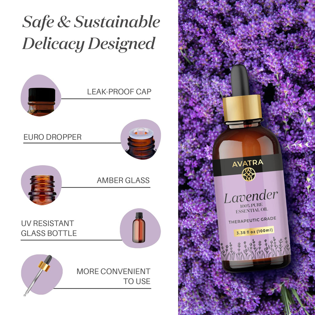Avatra Lavender Essential Oil 100ML (3.38 OZ) with Glass Dropper and Travel Bottle, Pure and Natural Therapeutic Grade Lavender