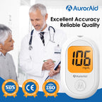 AurorAid Blood Glucose Monitoring System, G-426 Blood Glucose Monitor Kit - 100 Test Strips and 100 Lancets for Home Use, 500 Me