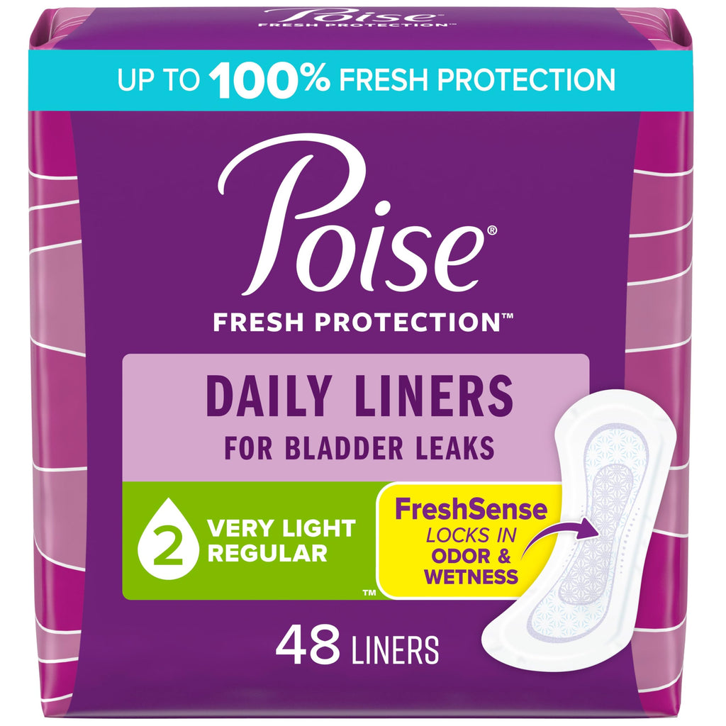 Poise Daily Liners, Incontinence Panty Liners, 2 Drop Very Light Absorbency, Regular Length, 48 Count of Pantiliners, Packaging 
