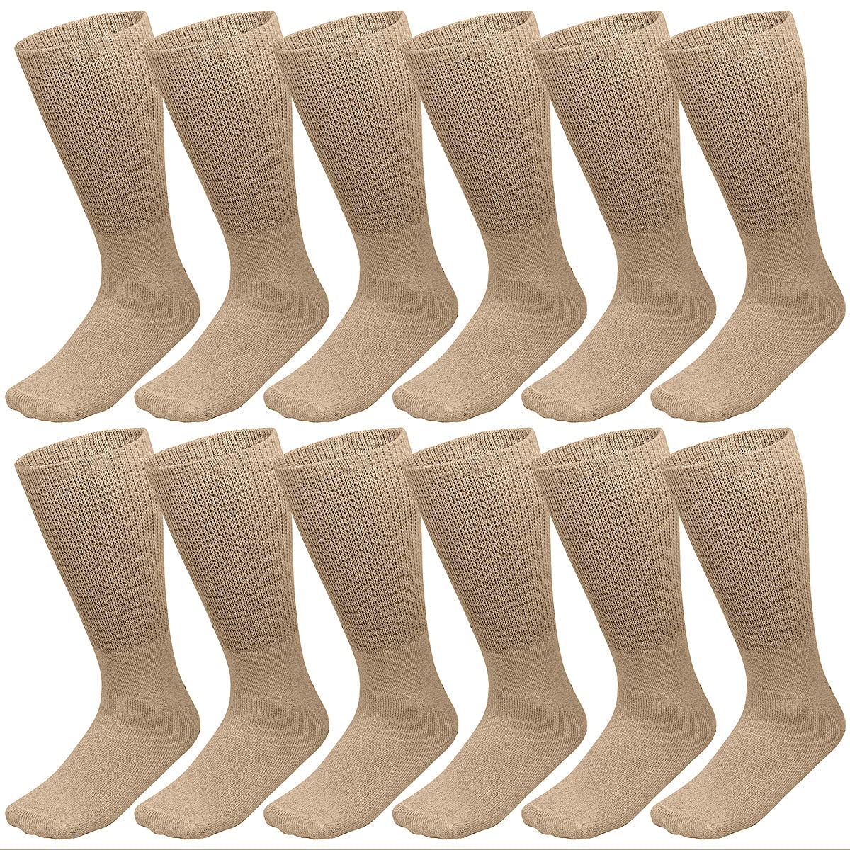 Falari Physicians Approved Diabetic Socks Crew Unisex 3, 6 or 12-Pack (13-15, 12 Pairs Khaki)