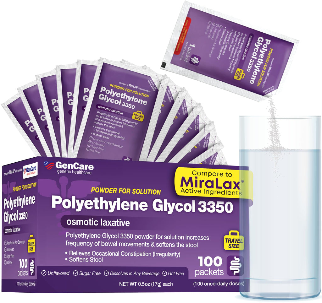 GenCare Polylethylene Glycol 3350 Powder for Solution - 100 Travel Packets - Unflavored Grit-Free Clear PEG 3350 for Occasional 