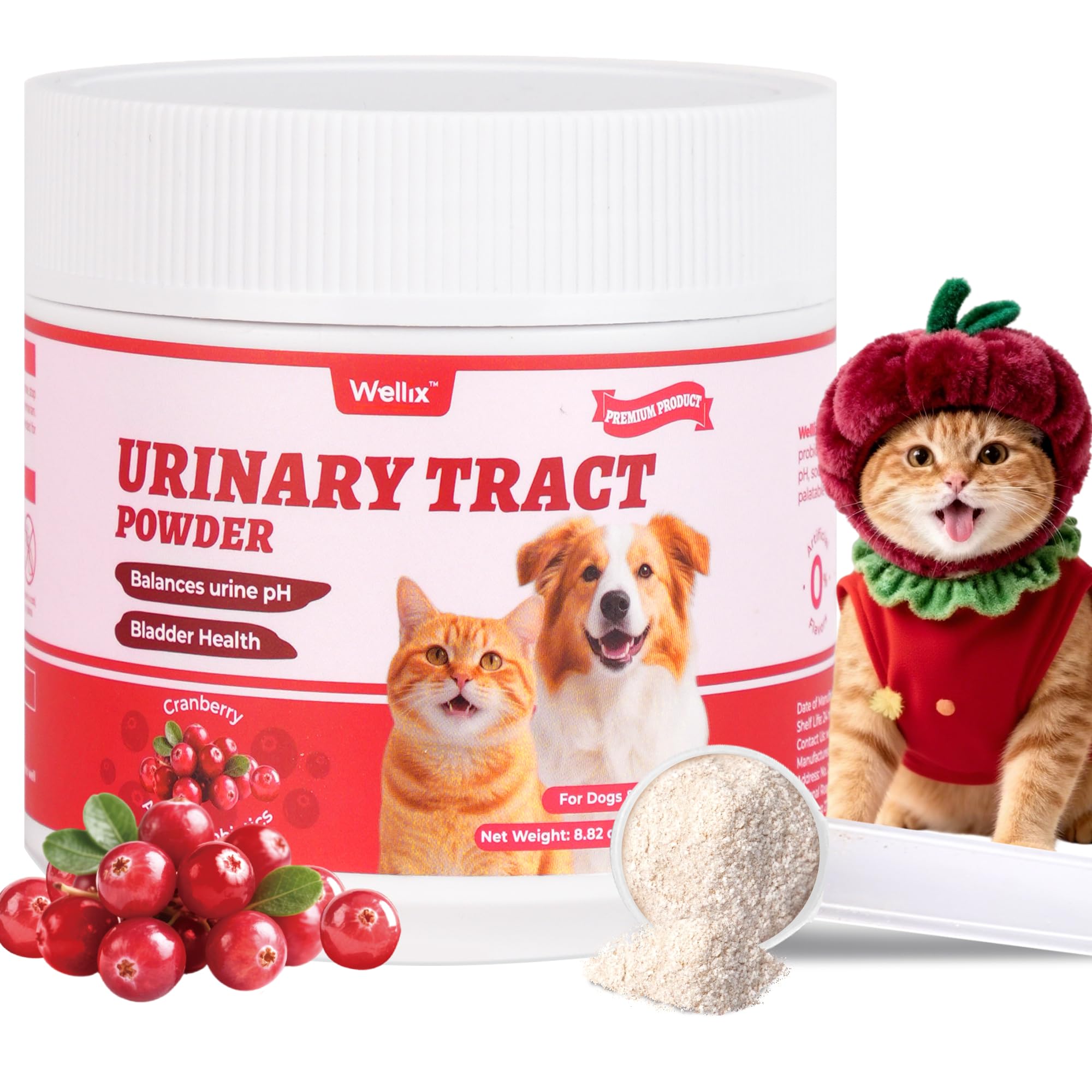 Wellix 8.8oz Large Dog and Cat Urinary Supplement - Rich in Omega-3,Cranberry for Cat UTI Treatment -Urinary Tract Podwer for Bl