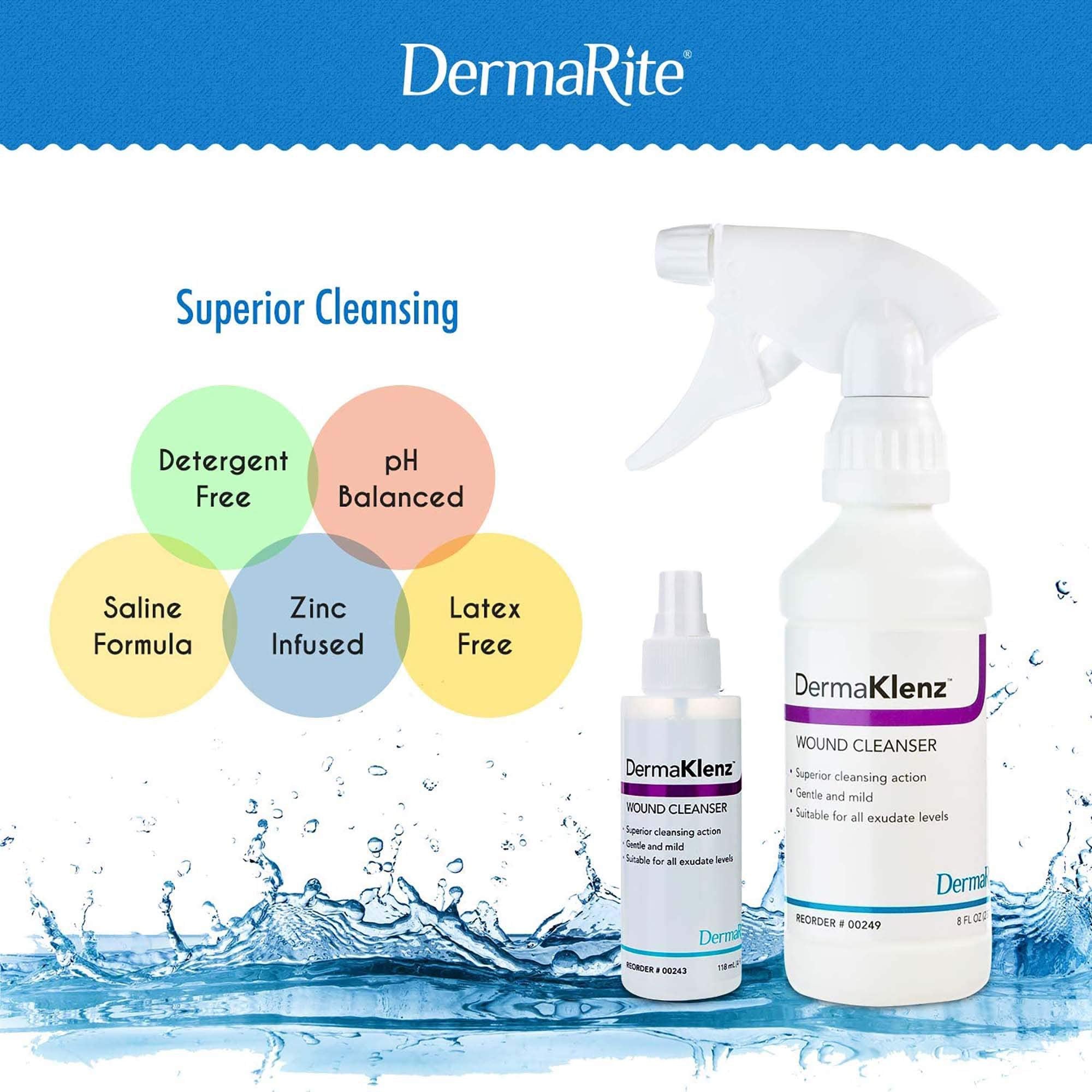 DermaRite's DermaKlenz Wound Cleanser - Rinse-Free Gentle and Mild Cleansing, Helps Clear Wound Debris - Spray Bottle, 8 oz., 1