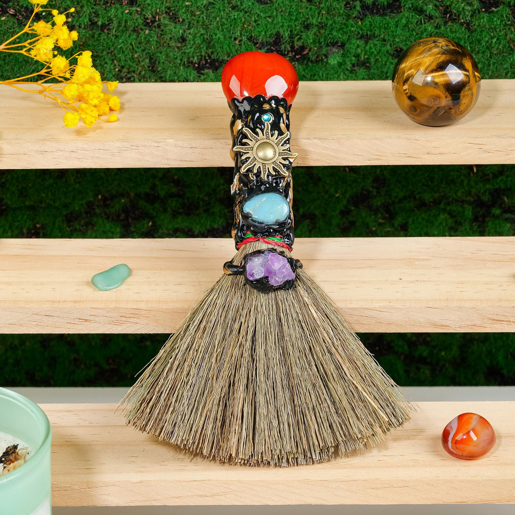Natural Red Agate Magic Witch Broom - Handmade Healing Crystal for Energy Cleansing, Space Purification & Reiki Healing - Spirit