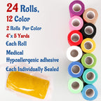 24 Pack 4    x 5 Yards Self Adhesive Bandage Wrap Athletic Elastic Breathable Cohesive Bandage Wrap Rolls for Stretch, Sports, F