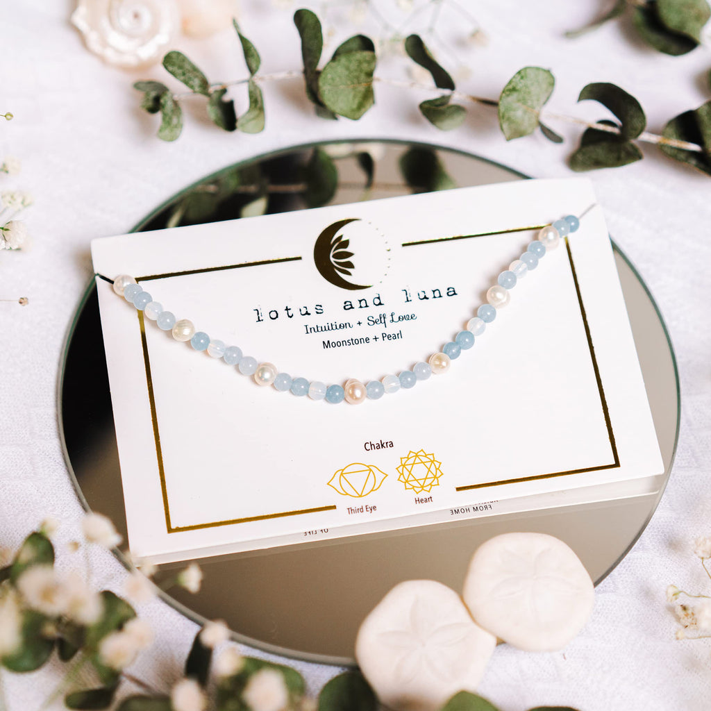 Lotus and Luna 4MM Energy Chakra Healing Necklace with Real Stones Jade, Pearl, Rose Quartz, Amethyst, Moonstone (Intuition + Se