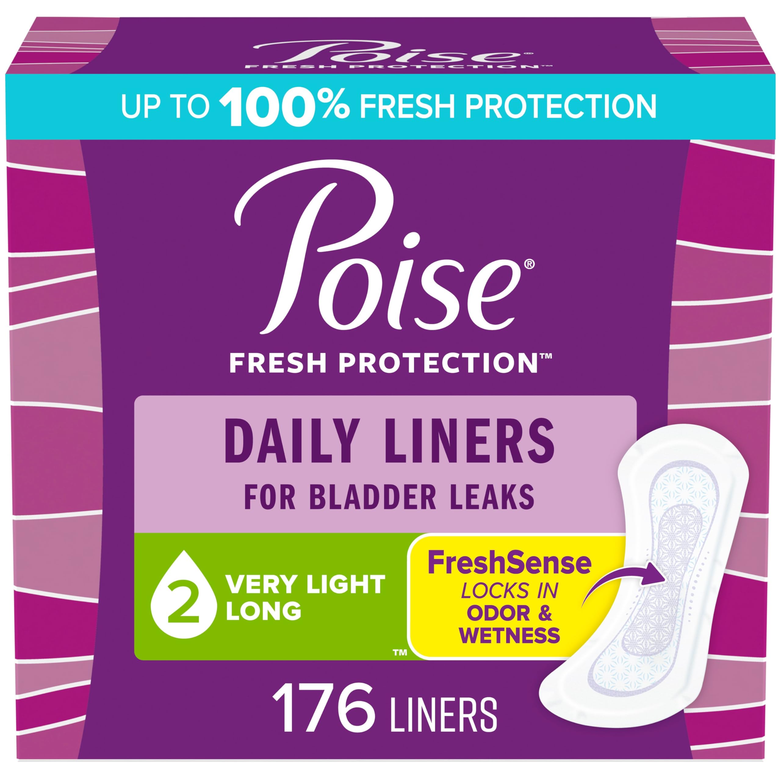 Poise Daily Liners, Incontinence Panty Liners, 2 Drop Very Light Absorbency, Long Length, 176 Count of Pantiliners (4 Packs of 4
