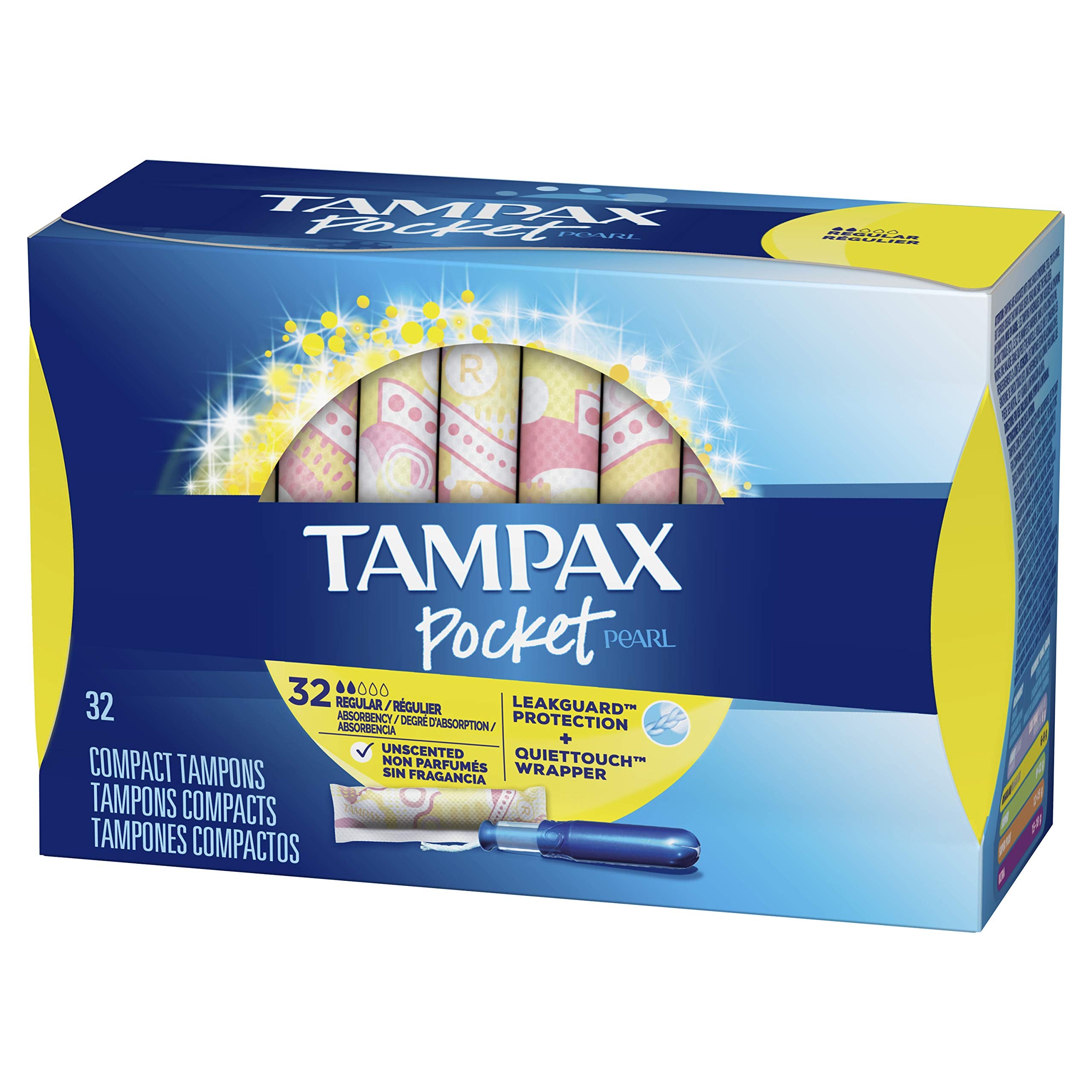 Tampax Pocket Pearl Tampons Regular Absorbency with LeakGuard Braid, Unscented, 32 Count