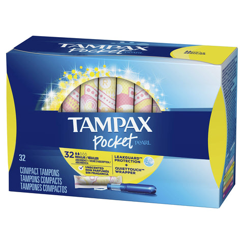 Tampax Pocket Pearl Tampons Regular Absorbency with LeakGuard Braid, Unscented, 32 Count