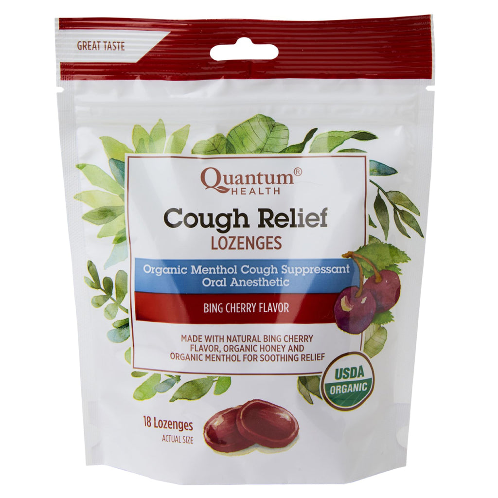 Quantum Health USDA Organic Cough Relief Lozenges|Bing Cherry|Natural Menthol Cough Suppressant|Soothes Sore Throat|USDA Organic