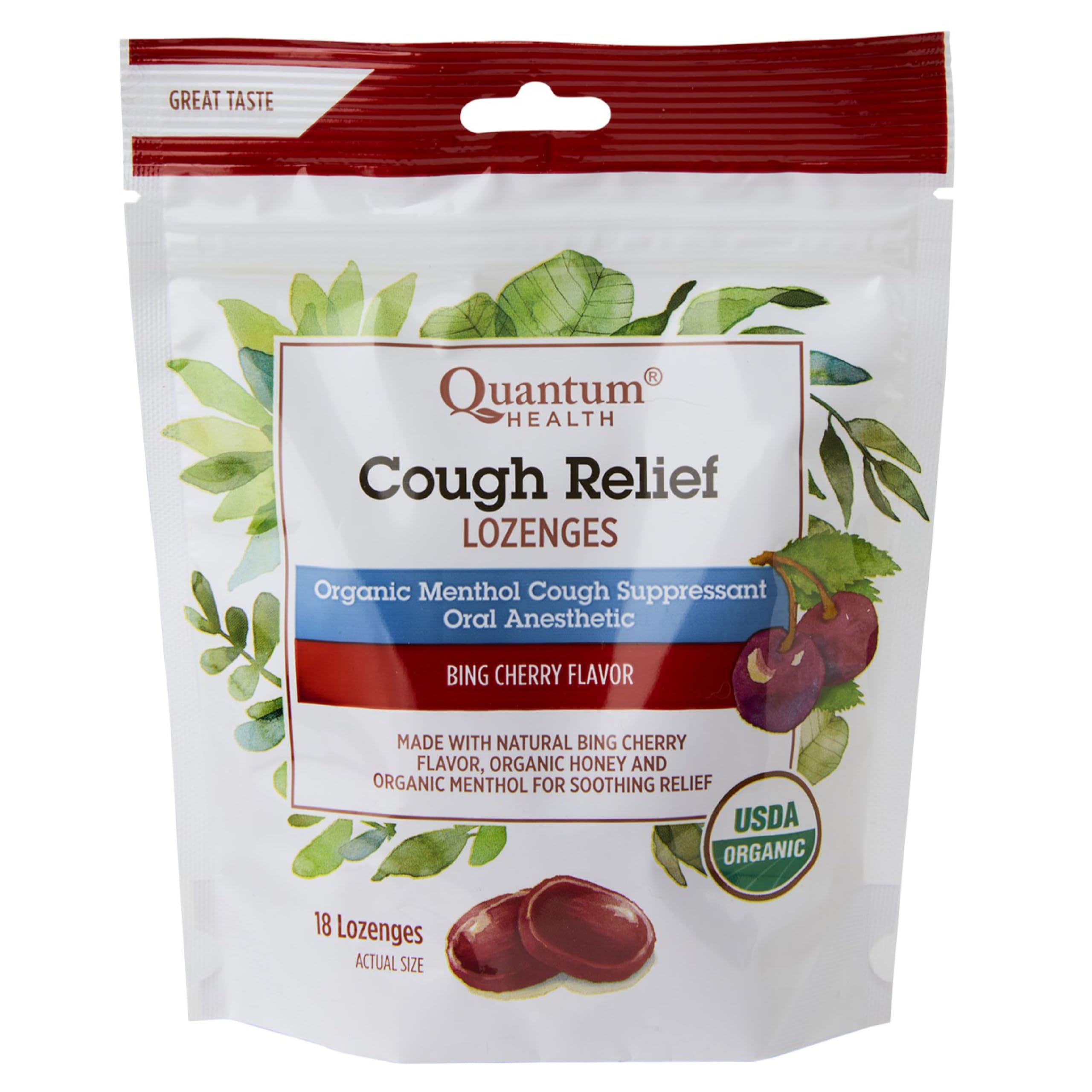 Quantum Health USDA Organic Cough Relief Lozenges|Bing Cherry|Natural Menthol Cough Suppressant|Soothes Sore Throat|USDA Organic