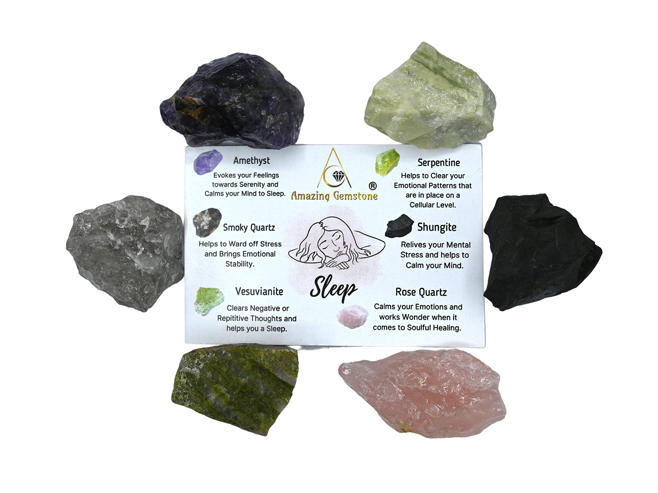 Crystals for Sleep Manifestation, Set of 6 Amethyst, Smoky Quartz, Shungite, Vesuvianite, Serpentine and Rose Quartz Healing Cry