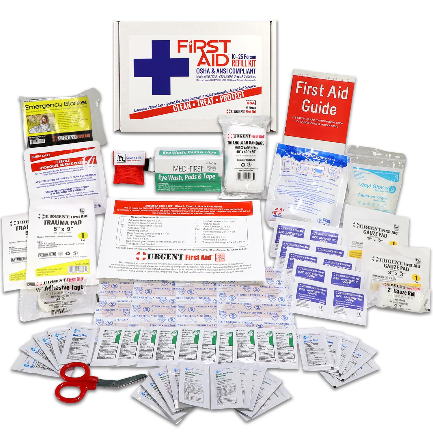OSHA & ANSI First Aid Kit Refill/Upgrade, 25 Person, 78 Pieces, ANSI 2021 Class A for Office, Business, Home or car Boxes and ca