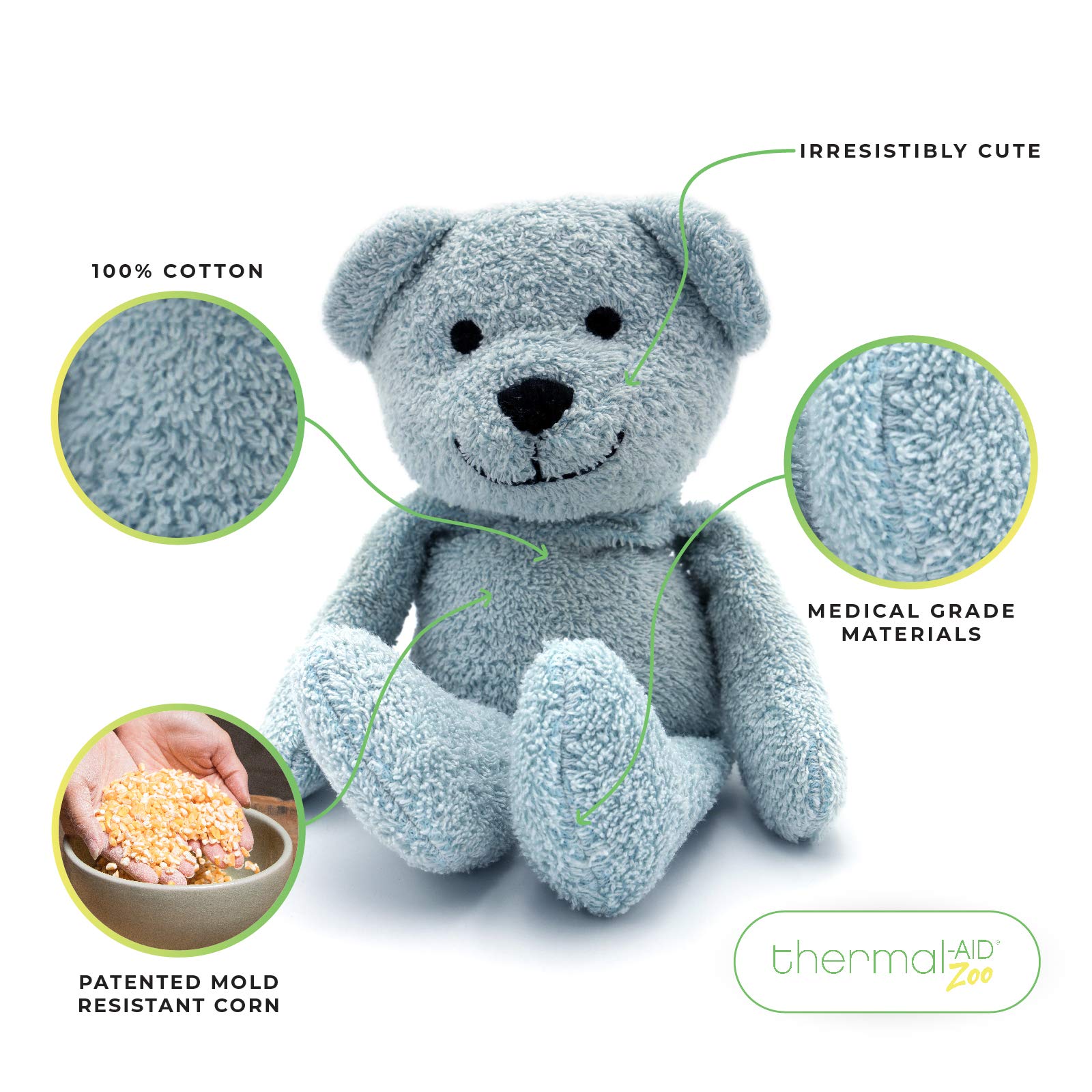 Thermal-Aid Zoo Animals - Buckley The Blue Bear - Heatable Therapeutic Stuffed Animals for Kids - Hot & Cold Therapy - Ice Pack
