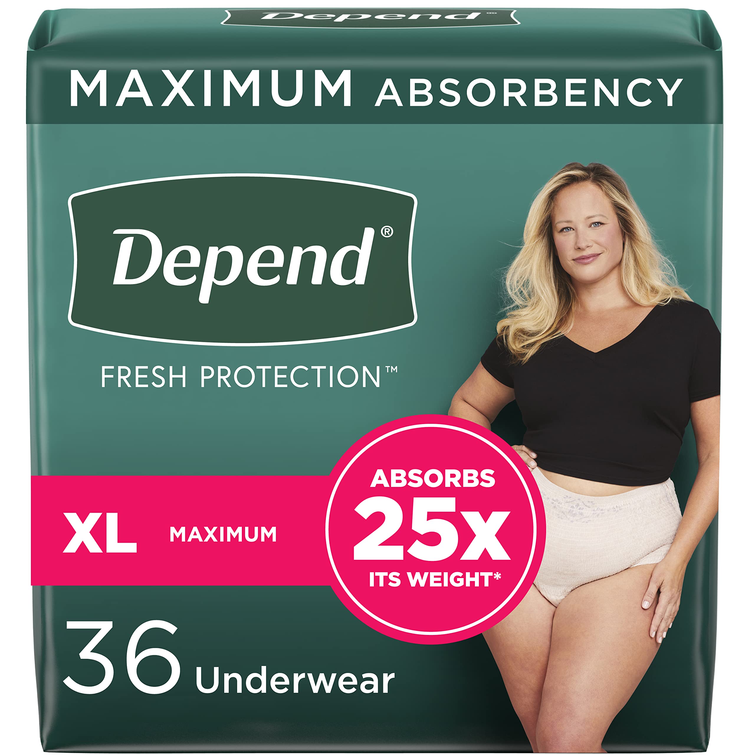 Depend FIT-Flex Incontinence Underwear for Women, Disposable, Maximum Absorbency, Extra-Large, Blush, 36 Count