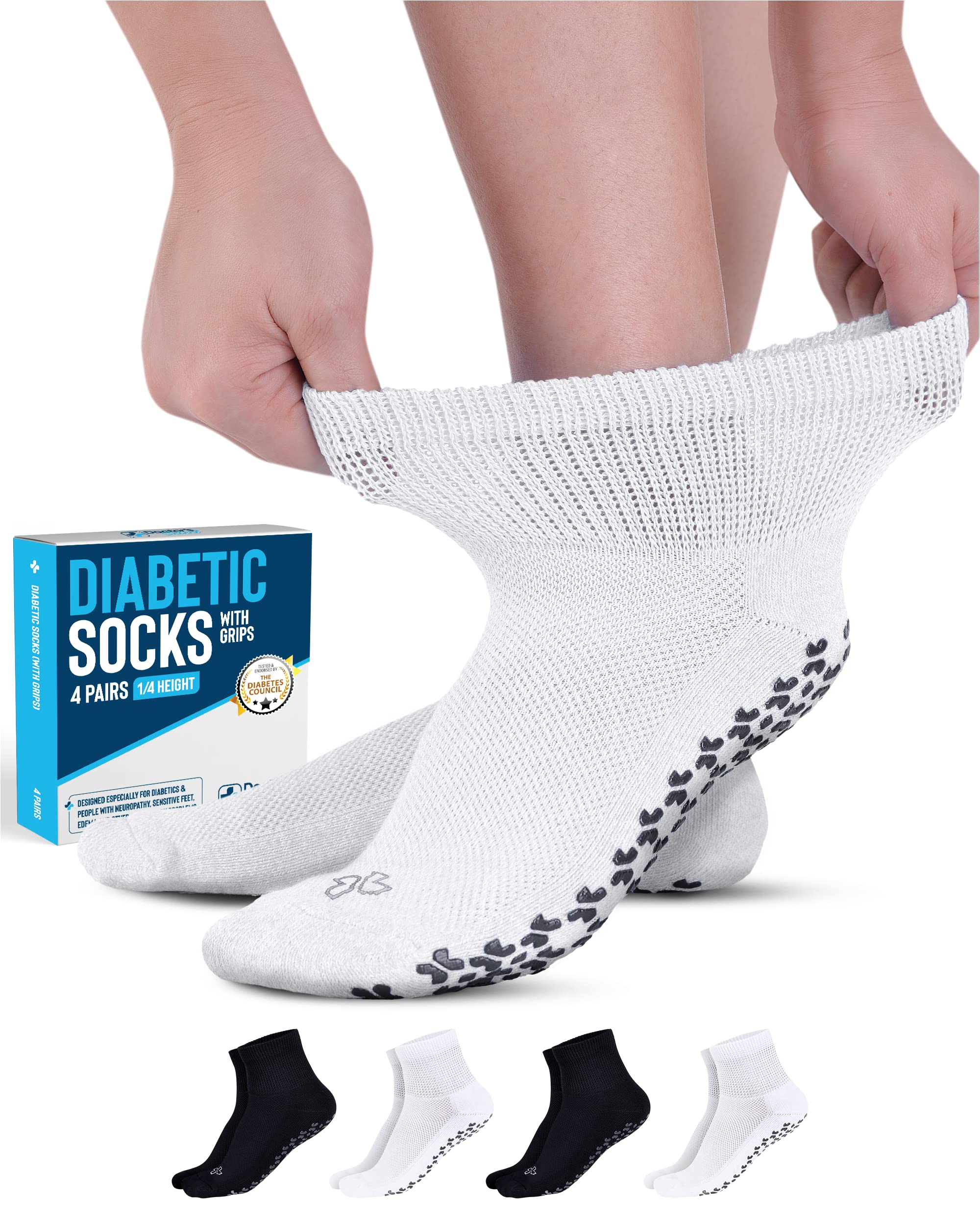 Doctor's Select Diabetic Socks for Men & Women - 4 Pair, Black & White, Non-Slip, Medium Size (Men's 5-9, Women's 6-10)