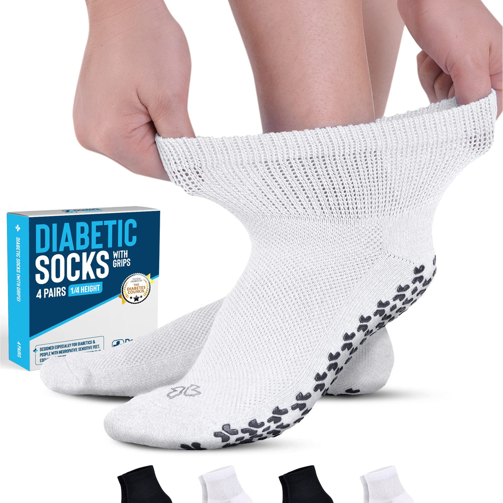 Doctor's Select Diabetic Socks for Men & Women - 4 Pair, Black & White, Non-Slip, Medium Size (Men's 5-9, Women's 6-10)