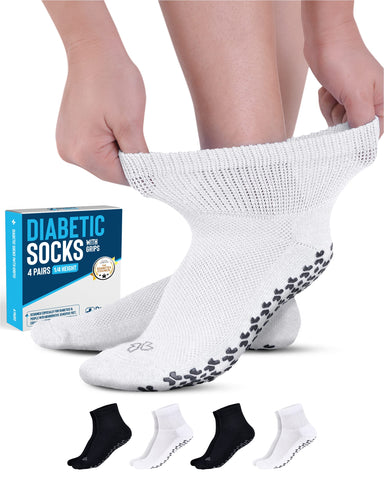 Doctor's Select Diabetic Socks for Men & Women - 4 Pair, Black & White, Non-Slip, Medium Size (Men's 5-9, Women's 6-10)