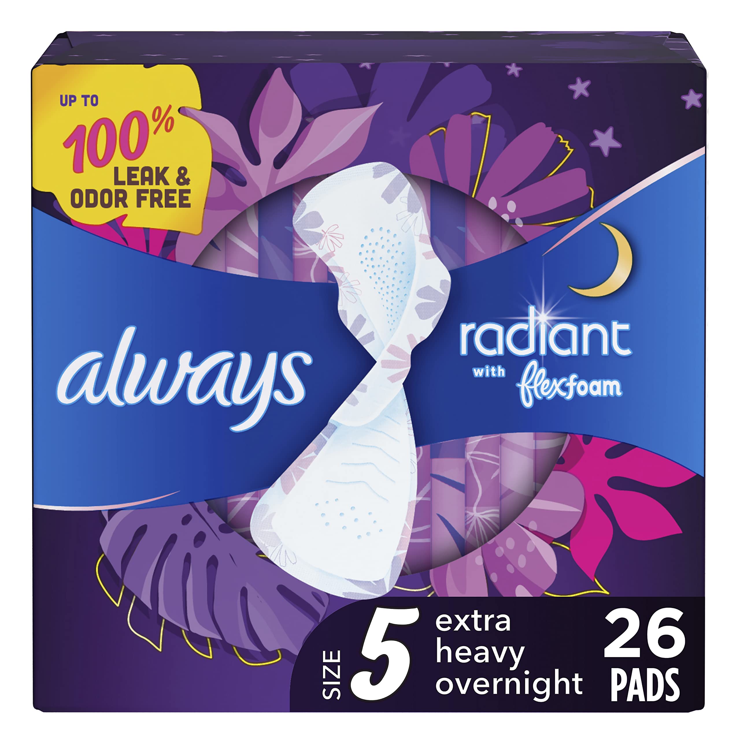 Always Radiant FlexFoam Pads for Women, Size 5, Extra Heavy Overnight Absorbency, 100% Leak & Odor Free Protection is Possible, 