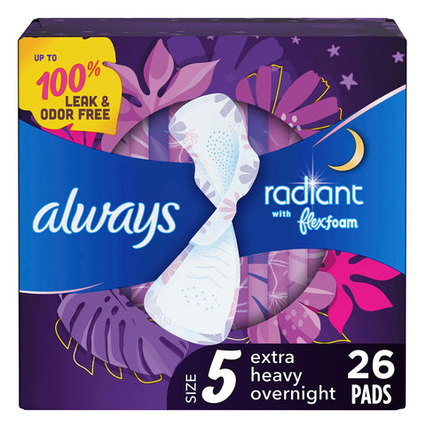Always Radiant FlexFoam Pads for Women, Size 5, Extra Heavy Overnight Absorbency, 100% Leak & Odor Free Protection is Possible, 