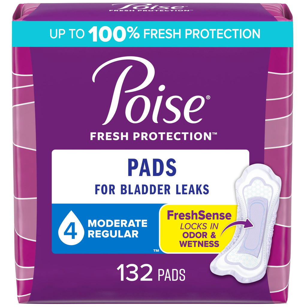 Poise Incontinence Pads & Postpartum Incontinence Pads, 4 Drop Moderate Absorbency, Regular Length, 132 Count (2 Packs of 66), P