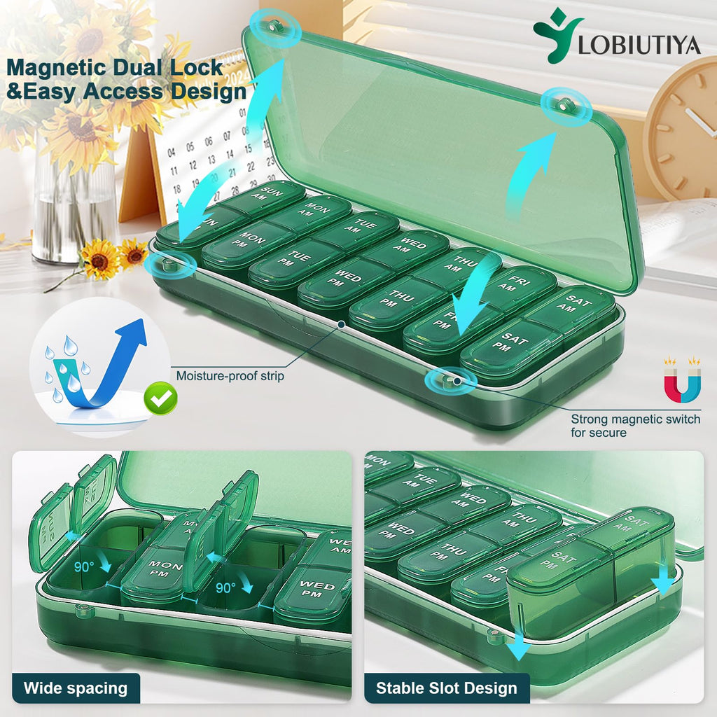 LOBIUTIYA Weekly Pill Organizer 2 Times a Day + 2 Detachable AM PM Travel Kits for Vitamin, Medicine, Supplement, Fish Oil - Gre