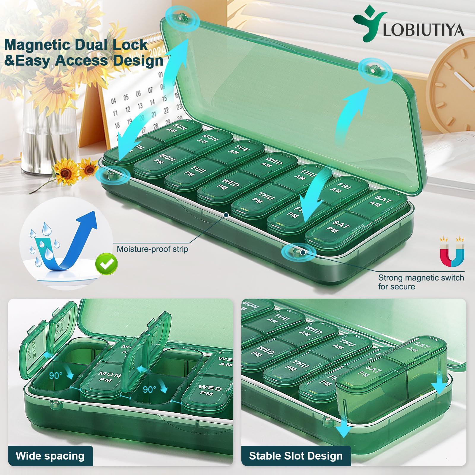 LOBIUTIYA Weekly Pill Organizer 2 Times a Day + 2 Detachable AM PM Travel Kits for Vitamin, Medicine, Supplement, Fish Oil - Gre