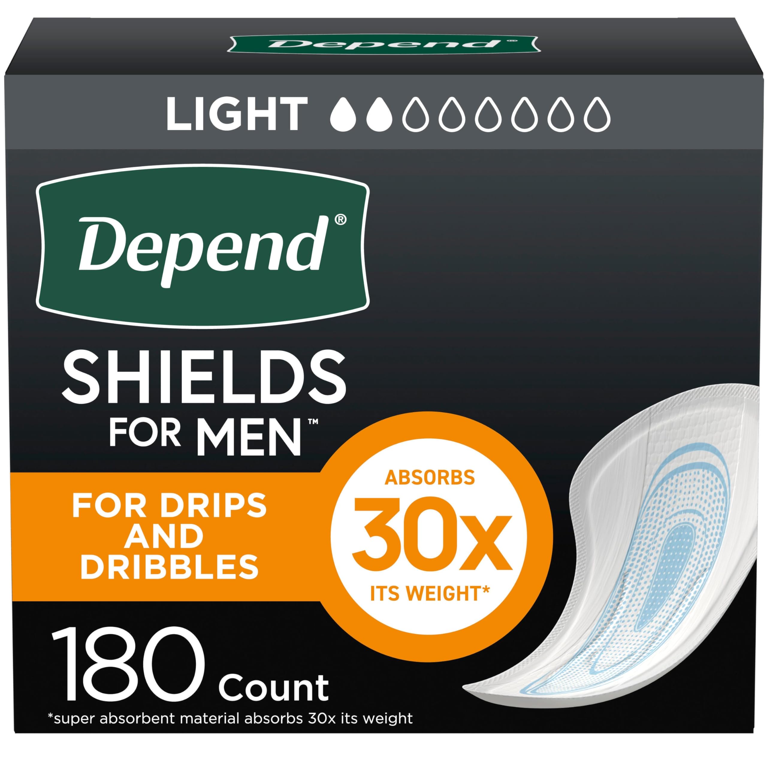 Depend Shields Incontinence Pads for Men, Light Absorbency, 180 Count, Packaging May Vary