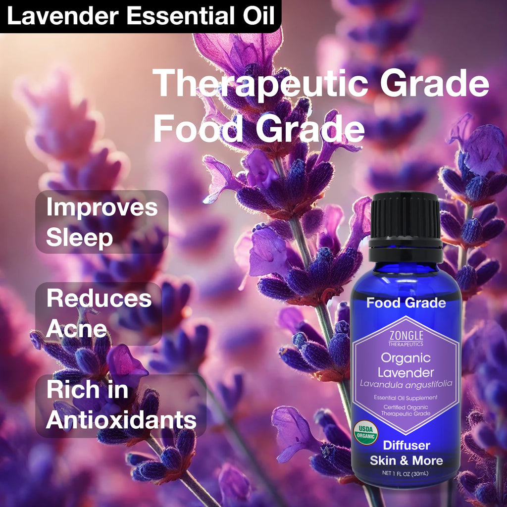 Organic, Lavender Essential Oil, Food Grade, for Drinks, Skin, Hair - 100% Pure, Lavender Oil, by Zongle Therapeutics, 1 OZ