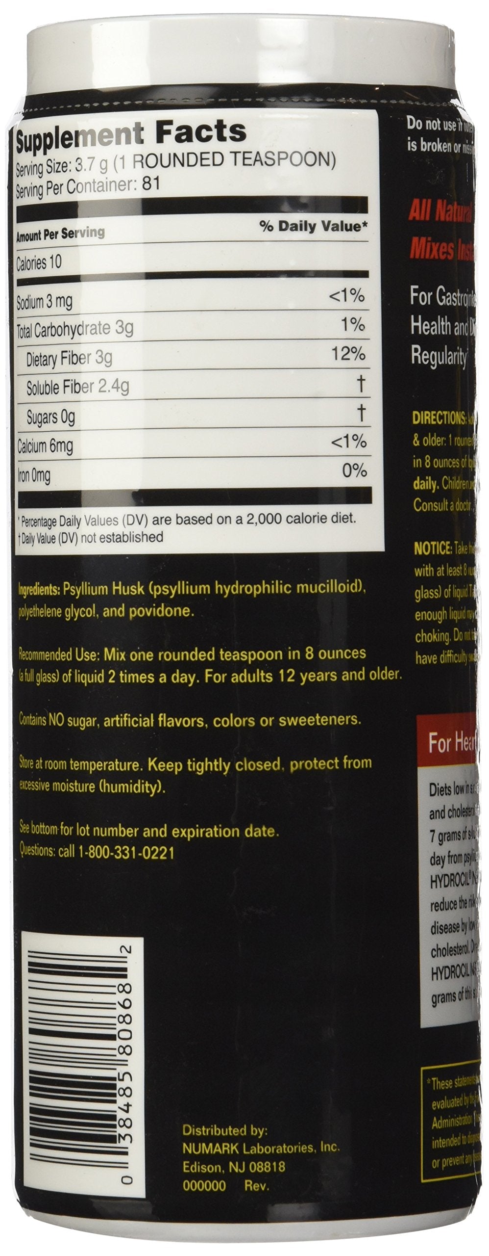 Hydrocil Dietary Fiber Supplement 10.6 Ounce, Dietary Fiber Supplement, Dissolves Instantly, No Sugar No Artificial Flavors No A