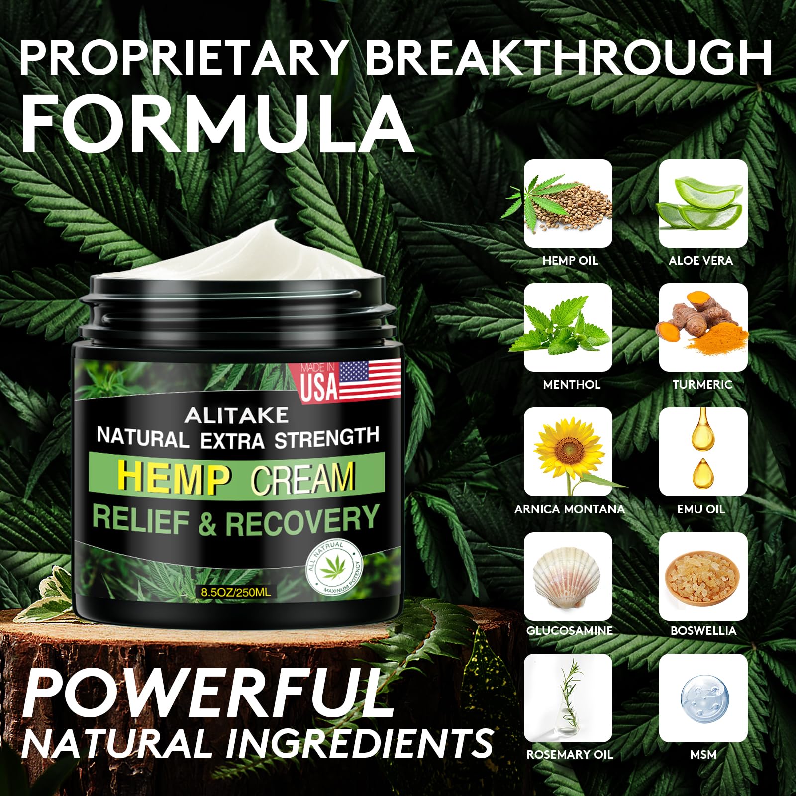 8.5 oz Natural Hemp Cream - Instant Hemp Cream with Hemp, Arnica, MSM, Turmeric, Emu Oil, Menthol, Aloe, Rosemary oil, Boswellia