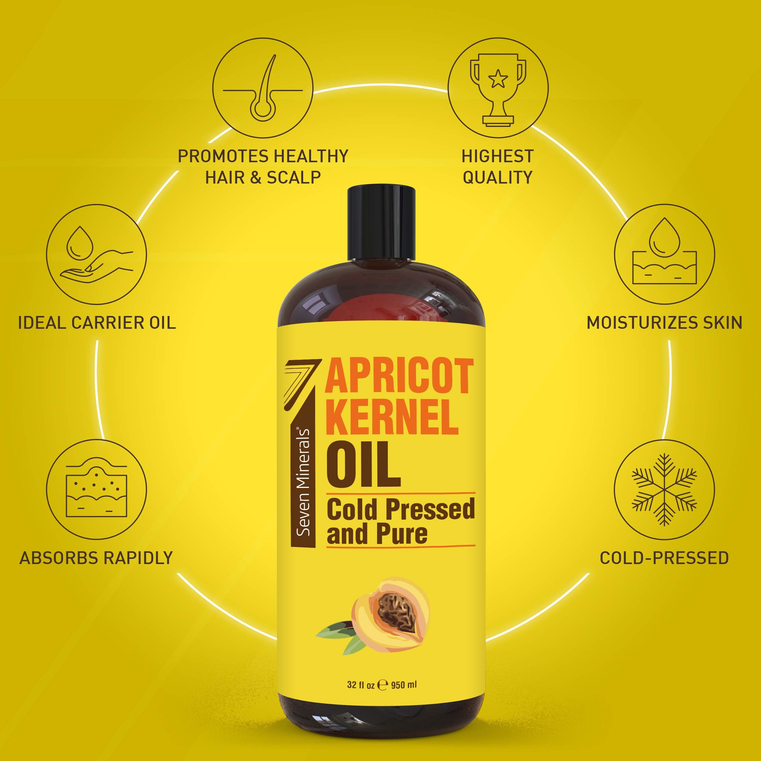 Seven Minerals Pure Cold Pressed Apricot Kernel Oil - Big 32 fl oz Bottle - Non-GMO, Hexane Free, Natural & Lightweight Moisturi