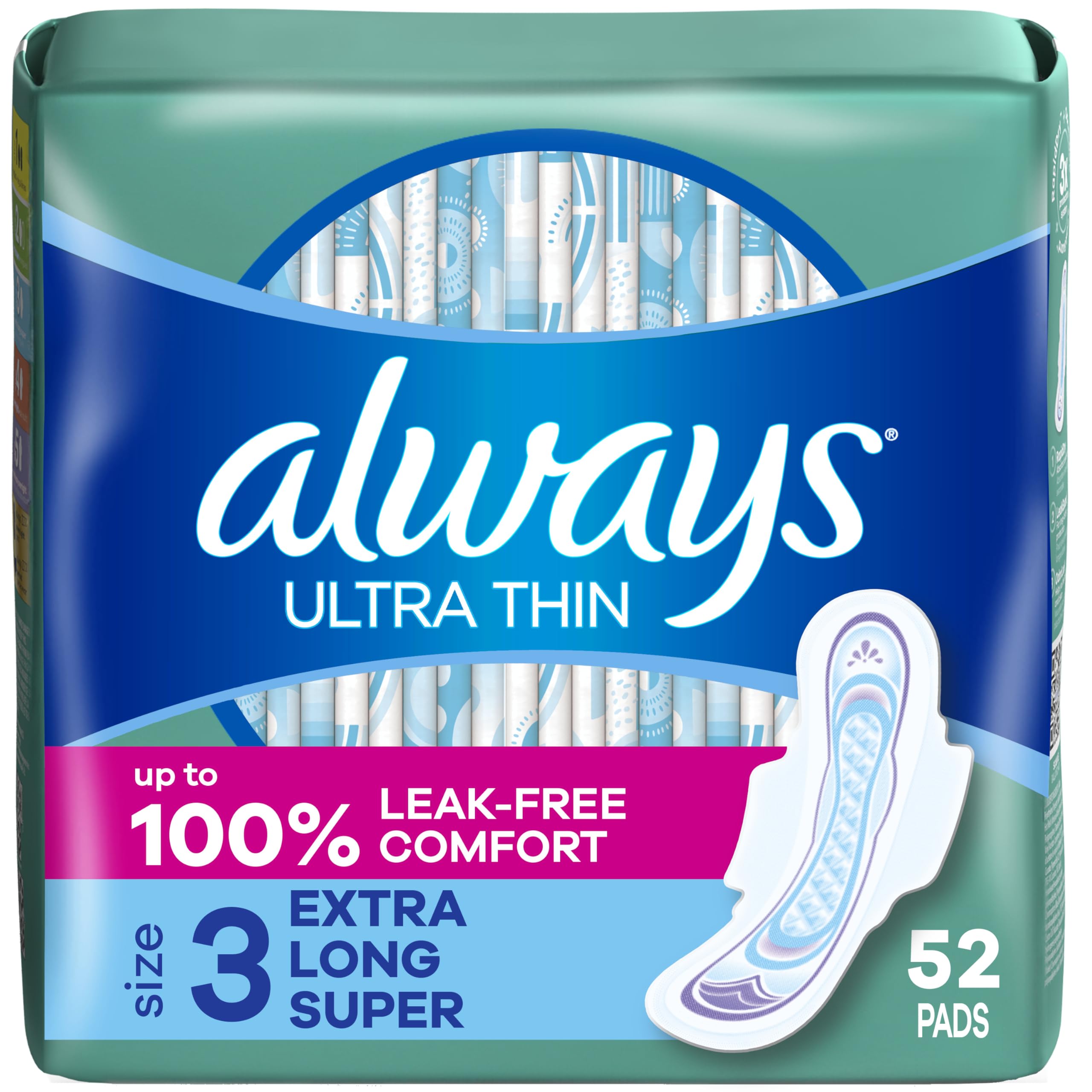 Always Ultra Thin Feminine Pads with Wings for Women, Size 3, Extra Long Super Absorbency, Unscented, Up to 100% Leak-Free Prote