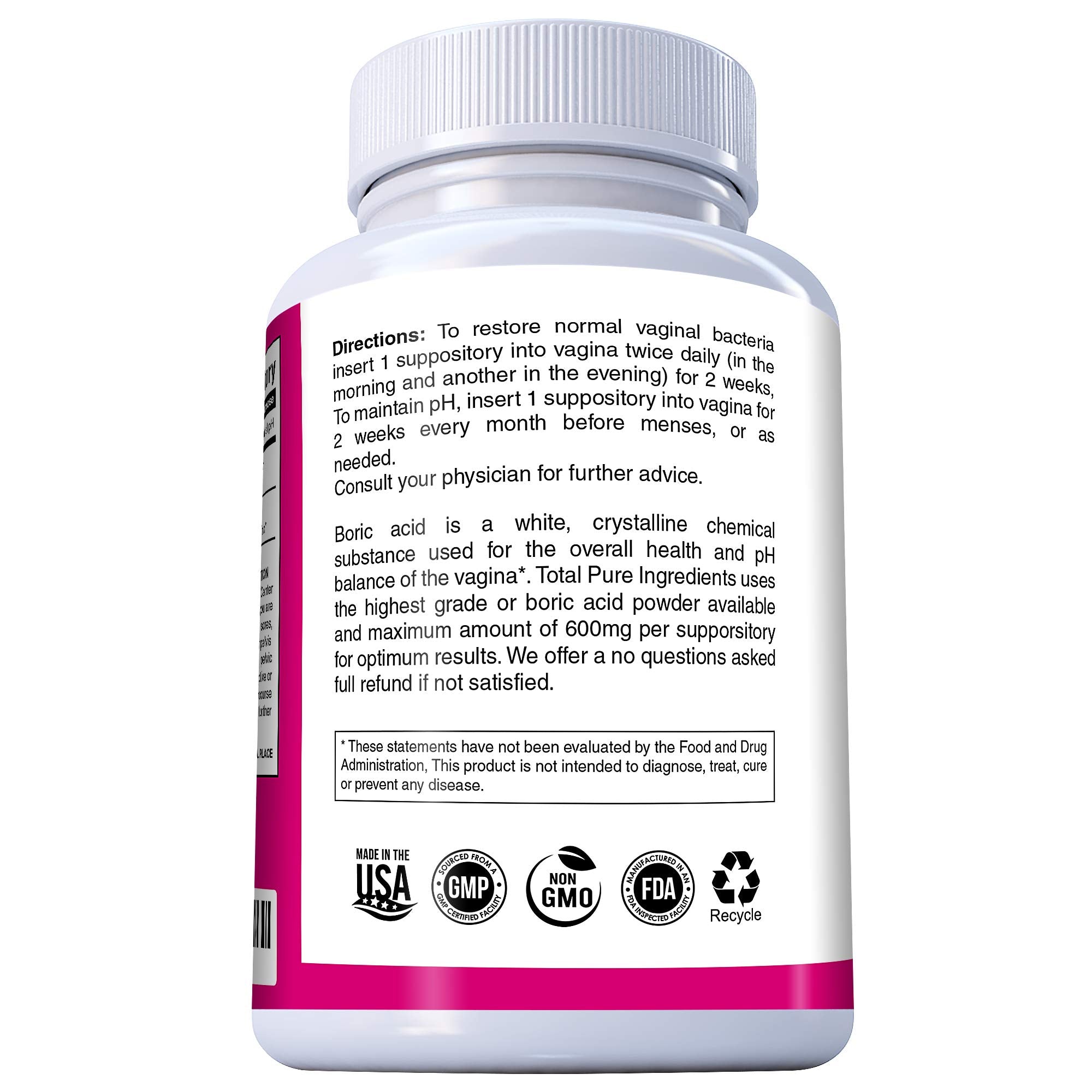 PURE PLANT HOME Boric Acid Suppositories Natures Harmony 30 Count 600 mg 100% Pure Made in USA