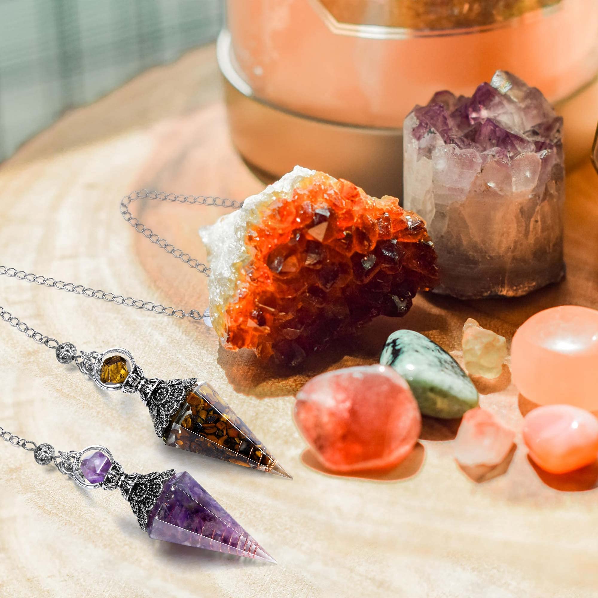 GEHECRST Natural Amethyst Healing Crystal Dowsing Pendulum Reiki Gemstone Chips Orgone Pendulum 6 Faceted Hexagonal Pointed Resi