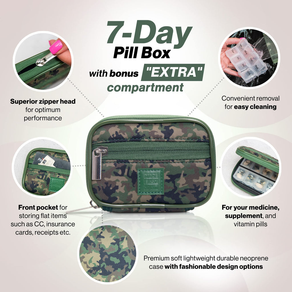 Made Easy Kit Pill Case - Weekly Medicine Organizer with Removable Seven-Day Vitamin & Supplement Box (Camo Dark Green)