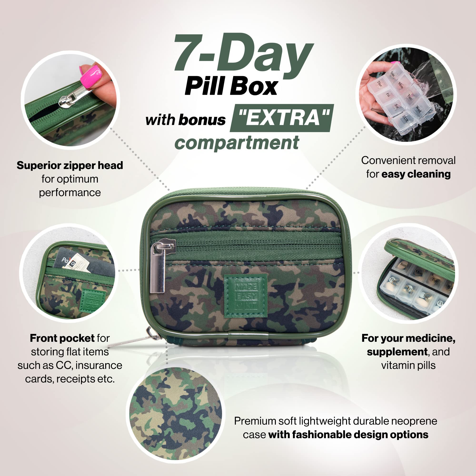 Made Easy Kit Pill Case - Weekly Medicine Organizer with Removable Seven-Day Vitamin & Supplement Box (Camo Dark Green)