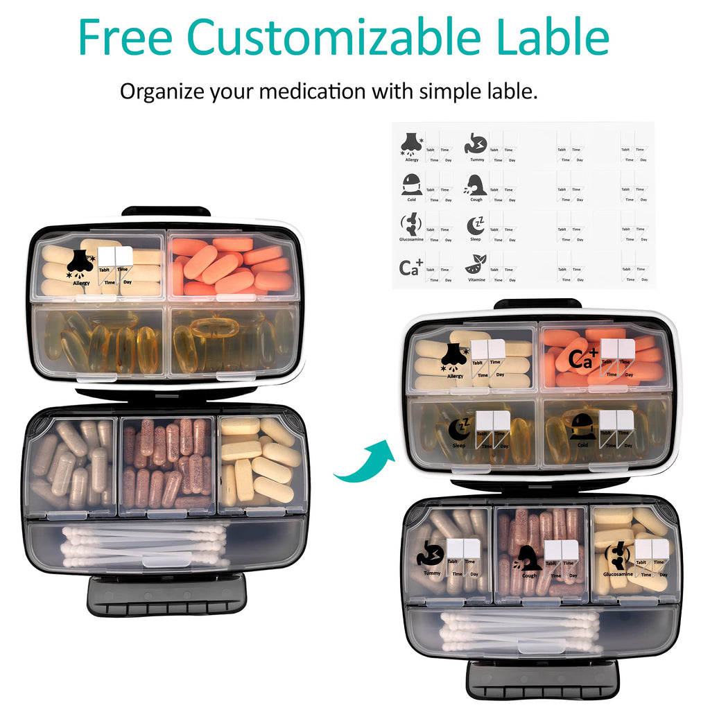 Travel Pill Organizer Large Portable Moisture Proof Vitamin Case, Fullicon Oversize 8 Compartment Pill Box, Pill Holder - Airtig