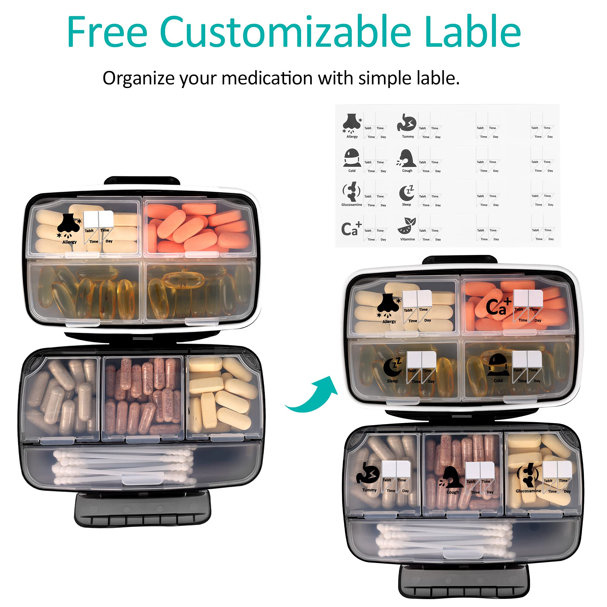 Travel Pill Organizer Large Portable Moisture Proof Vitamin Case, Fullicon Oversize 8 Compartment Pill Box, Pill Holder - Airtig