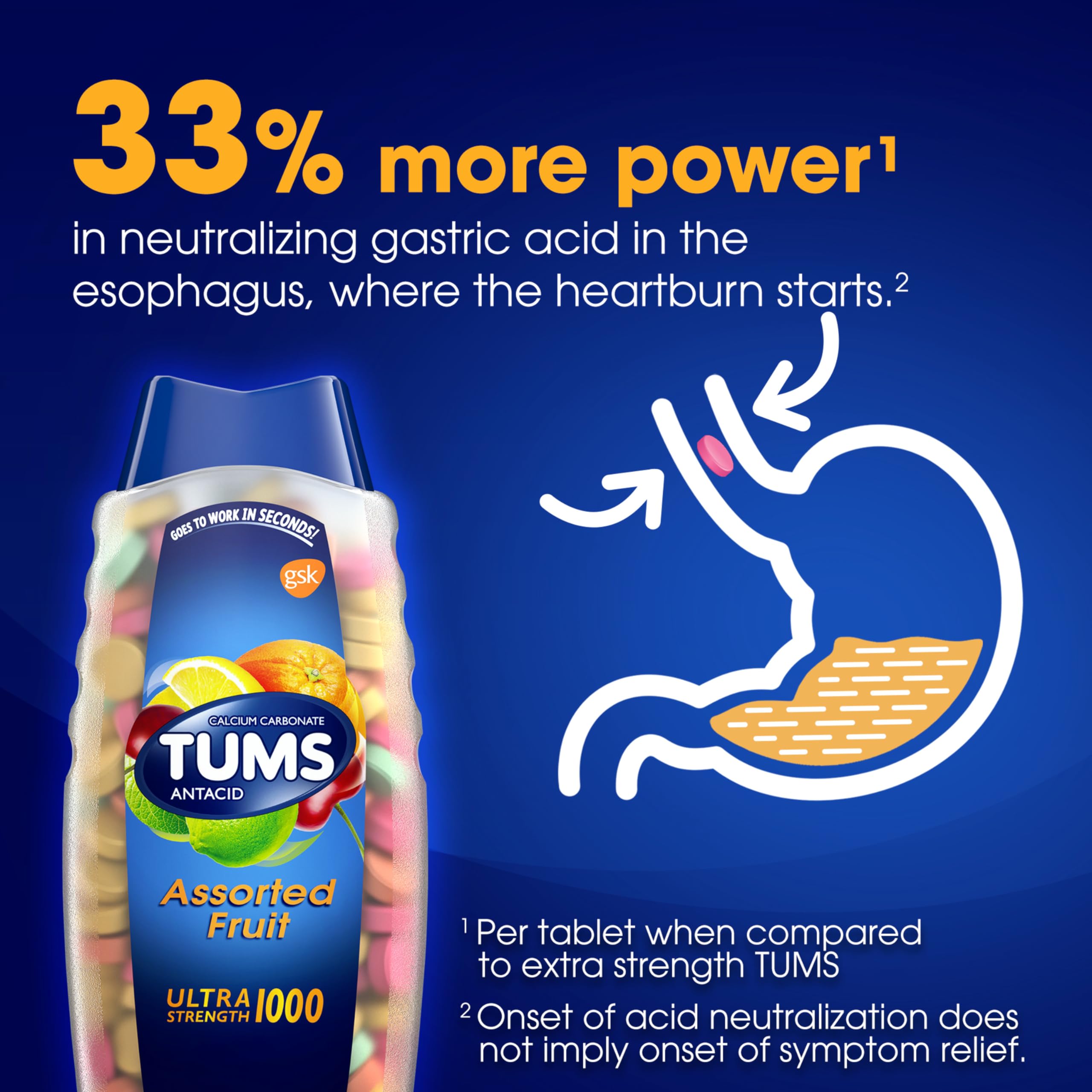 TUMS Ultra Strength Antacid Tablets for Chewable Heartburn Relief and Acid Indigestion Relief, Assorted Fruit - 160 Count