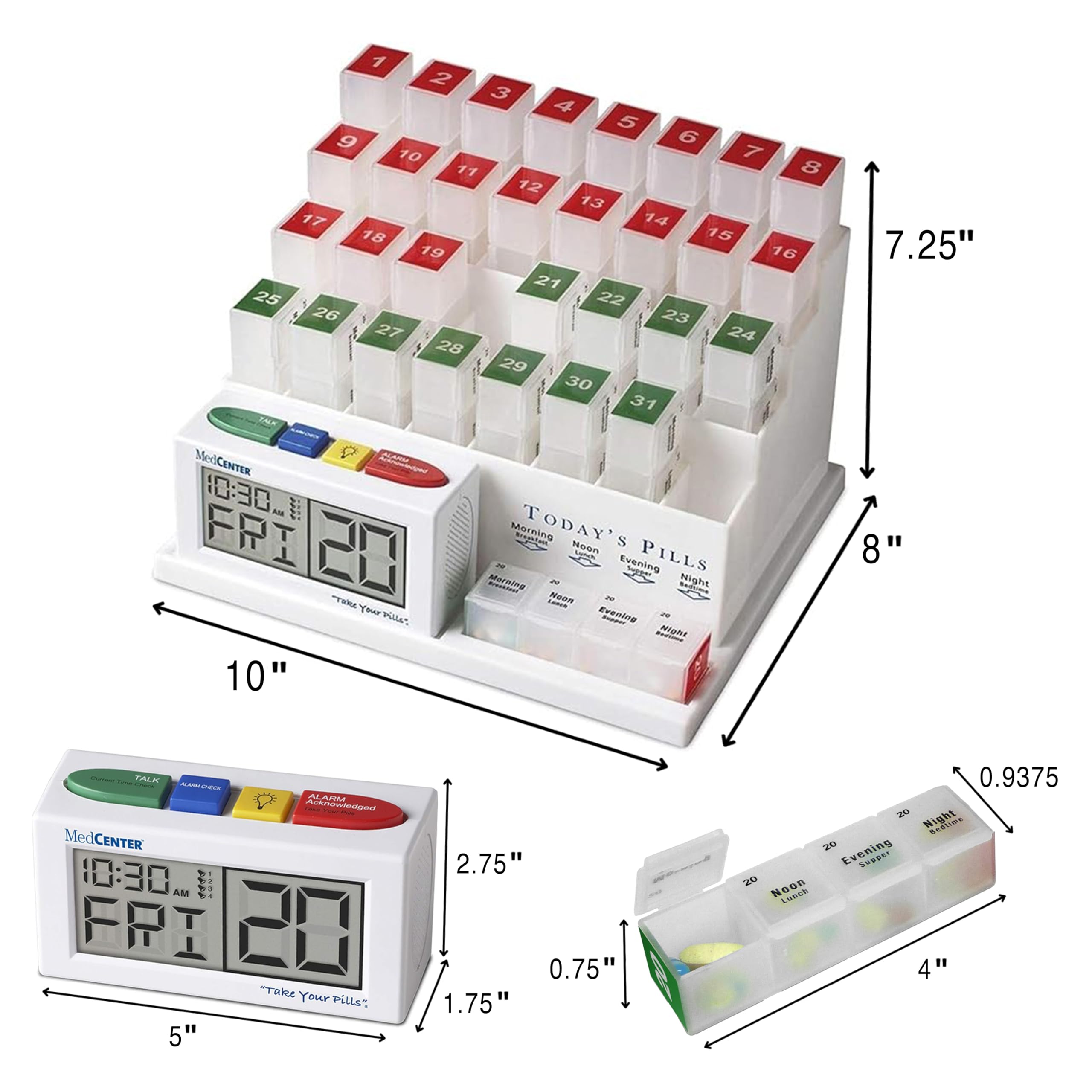 MedCenter 31-Day HSA/FSA Monthly Pill Organizer System with Talking Reminder Clock, Travel Pouch & Tweezers - 4 Daily Dose Compa