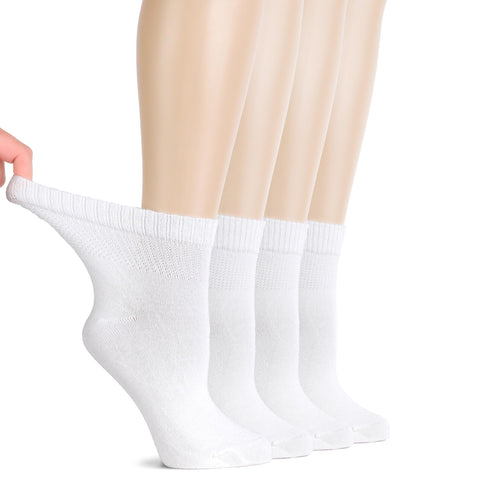 Hugh Ugoli Diabetic Socks for Women, Super Soft & Thin Ankle Socks, Wide & Loose, Non-Binding Top & Seamless Toe, 4 Pairs, White