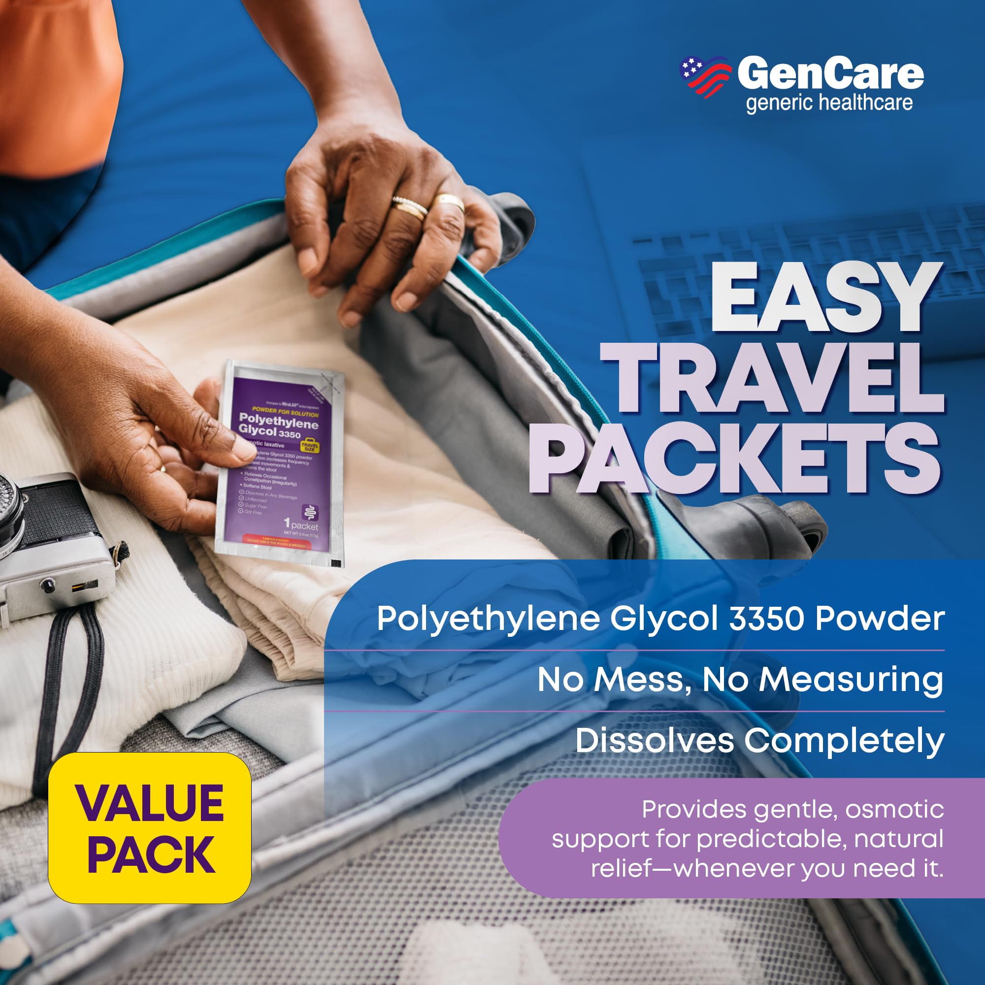 GenCare Polylethylene Glycol 3350 Powder for Solution - 100 Travel Packets - Unflavored Grit-Free Clear PEG 3350 for Occasional