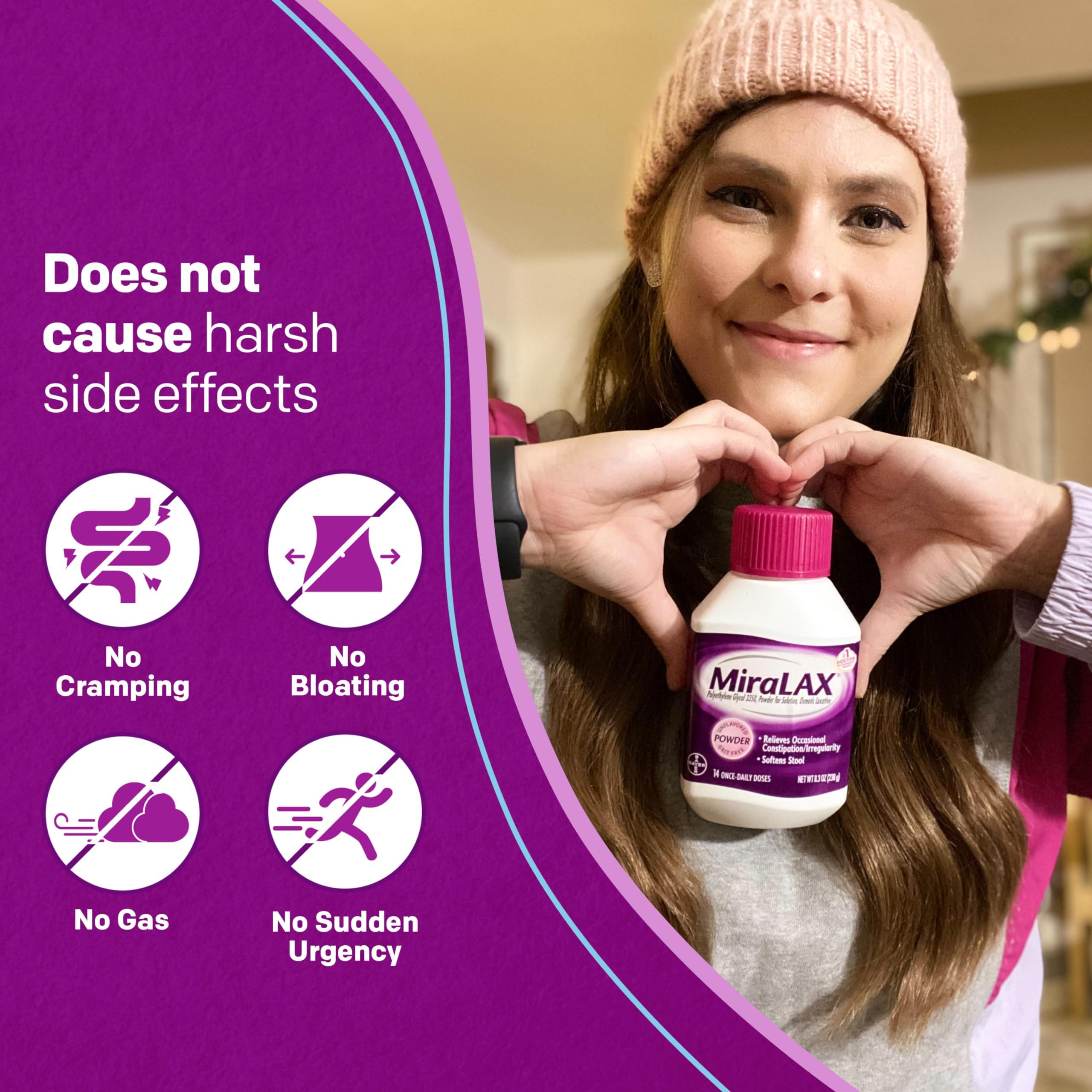 MiraLAX Gentle Constipation Relief Laxative Powder, Stool Softener with PEG 3350, Works Naturally with Water in Your Body, No Ha