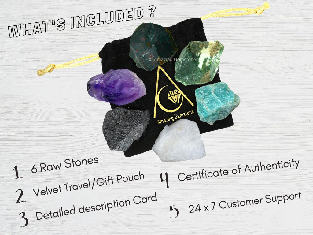 Crystals for Blood Pressure Control, Set of 6 Blood Stone, Hematite, Moss Agate, Amazonite, Snow Quartz and Amethyst Healing Cry