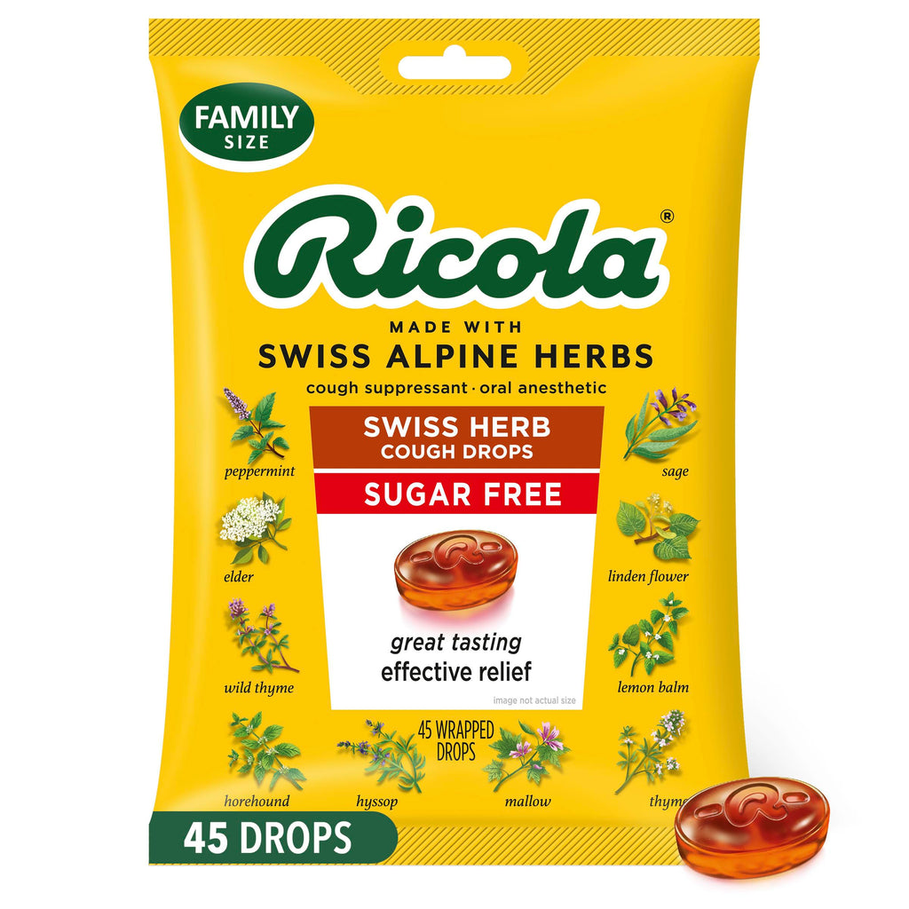 Ricola Sugar Free Swiss Herb Cough Drops, 45 Count, Cough Suppressant & Throat Relieving Drops with Naturally Sourced Menthol, P
