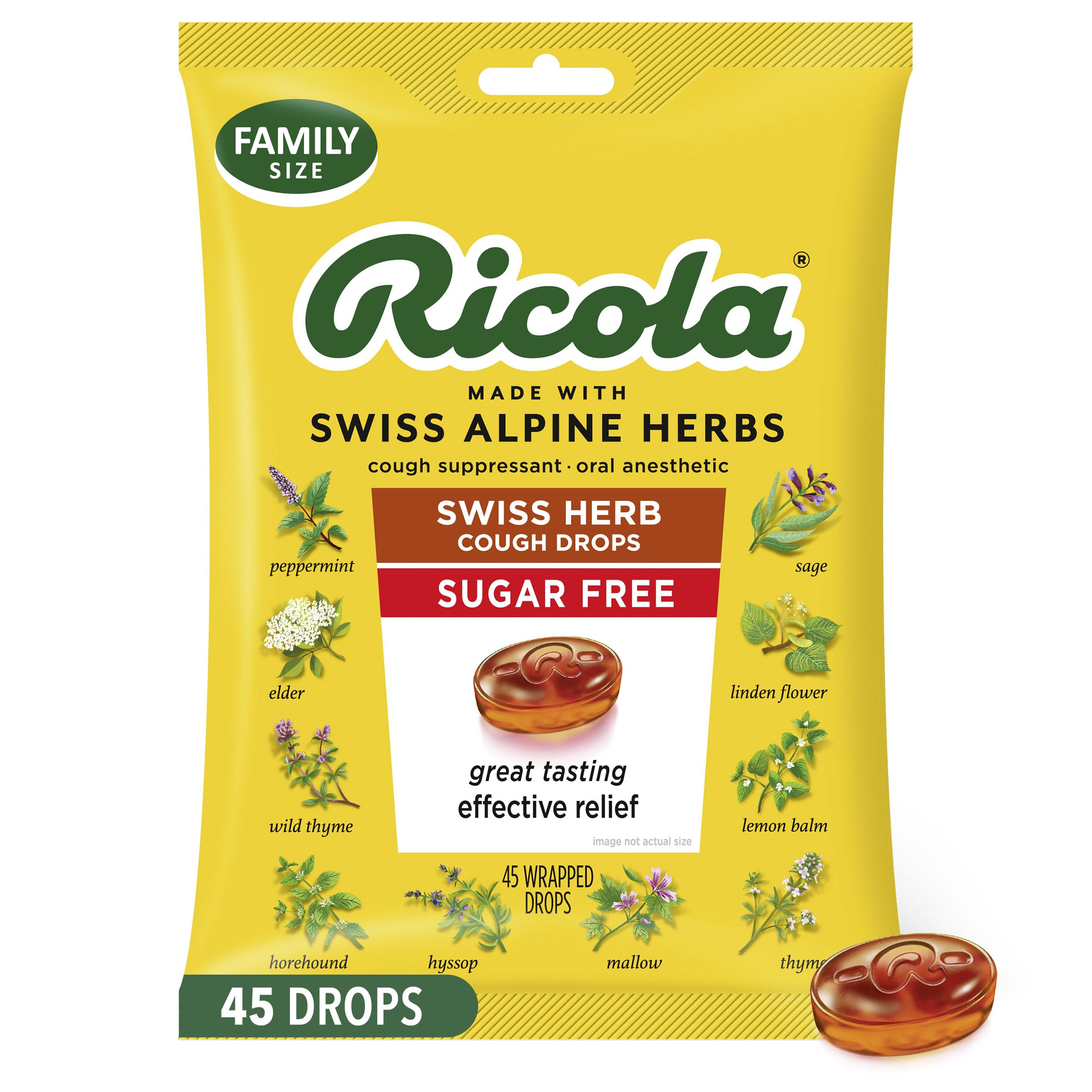 Ricola Sugar Free Swiss Herb Cough Drops, 45 Count, Cough Suppressant & Throat Relieving Drops with Naturally Sourced Menthol, P