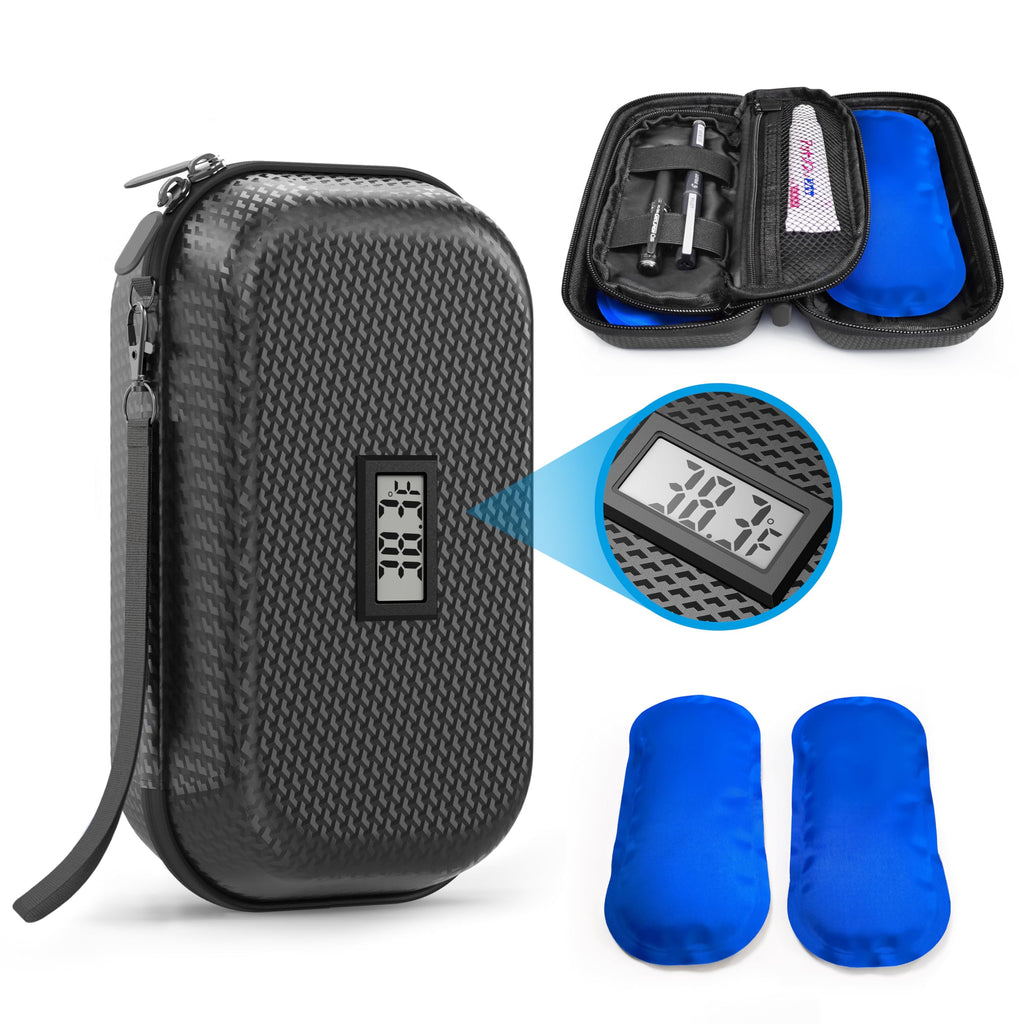 CASAZEN 24h Insulin Cooler - Refrigerated Medicine Case with Temperature Display, Diabetes Travel Case with Wrist Strap & 2 Reus